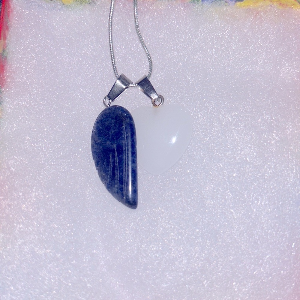 Boho hippie Lapis Lazuli Angel Wing and Quartz Crystal heart Silver Necklace 24”